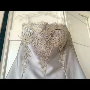 New Silver strapless high, low gown with lace detail